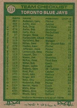 1977 Topps #113 Toronto Blue Jays / Roy Hartsfield / Don Leppert / Bob Miller / Jackie Moore / Harry Warner Back