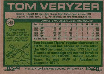 1977 Topps #145 Tom Veryzer Back