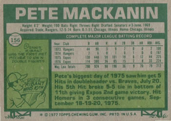 1977 Topps #156 Pete Mackanin Back