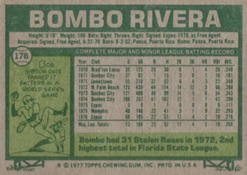 1977 Topps #178 Bombo Rivera Back