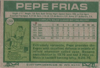 1977 Topps #199 Pepe Frias Back