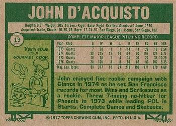 1977 Topps #19 John D'Acquisto Back