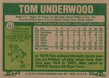 1977 Topps #217 Tom Underwood Back