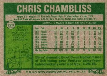 1977 Topps #220 Chris Chambliss Back