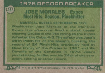 1977 Topps #233 Jose Morales Back