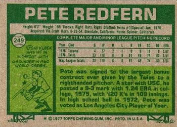 1977 Topps #249 Pete Redfern Back