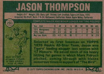 1977 Topps #291 Jason Thompson Back