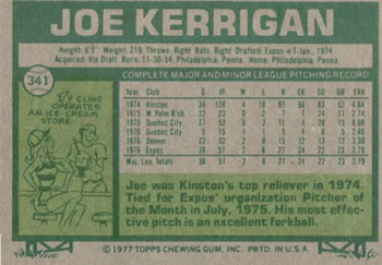 1977 Topps #341 Joe Kerrigan Back