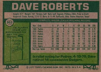 1977 Topps #363 Dave Roberts Back