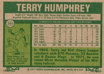 1977 Topps #369 Terry Humphrey Back