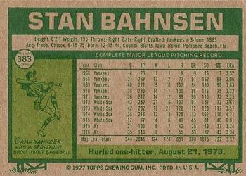 1977 Topps #383 Stan Bahnsen Back
