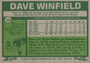 1977 Topps #390 Dave Winfield Back