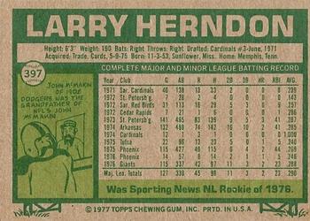 1977 Topps #397 Larry Herndon Back
