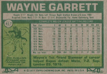 1977 Topps #417 Wayne Garrett Back
