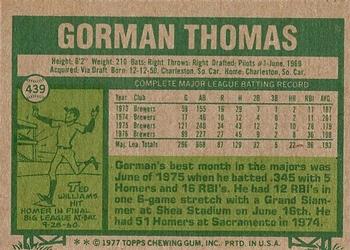 1977 Topps #439 Gorman Thomas Back