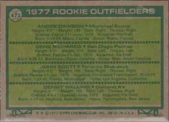 1977 Topps #473 1977 Rookie Outfielders (Andre Dawson / Gene Richards / John Scott / Denny Walling) Back