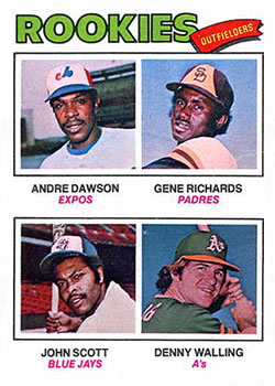 1977 Topps #473 1977 Rookie Outfielders (Andre Dawson / Gene Richards / John Scott / Denny Walling) Front