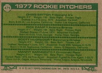 1977 Topps #475 1977 Rookie Pitchers (Chris Batton / Rick Camp / Scott McGregor / Manny Sarmiento) Back