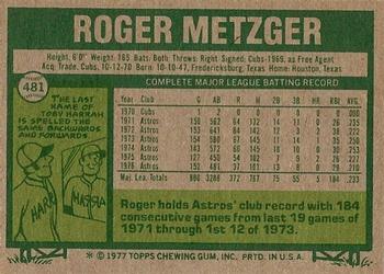 1977 Topps #481 Roger Metzger Back