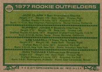 1977 Topps #488 1977 Rookie Outfielders (Jack Clark / Ruppert Jones / Lee Mazzilli / Dan Thomas) Back