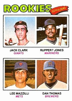 1977 Topps #488 1977 Rookie Outfielders (Jack Clark / Ruppert Jones / Lee Mazzilli / Dan Thomas) Front