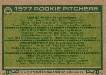 1977 Topps #489 1977 Rookie Pitchers (Len Barker / Randy Lerch / Greg Minton / Mike Overy) Back
