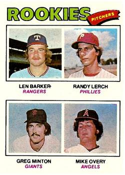 1977 Topps #489 1977 Rookie Pitchers (Len Barker / Randy Lerch / Greg Minton / Mike Overy) Front