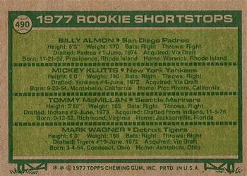1977 Topps #490 1977 Rookie Shortstops (Billy Almon / Mickey Klutts / Tommy McMillan / Mark Wagner) Back