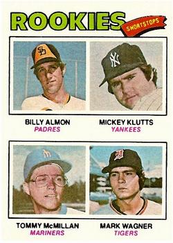 1977 Topps #490 1977 Rookie Shortstops (Billy Almon / Mickey Klutts / Tommy McMillan / Mark Wagner) Front