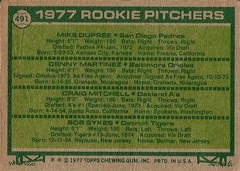 1977 Topps #491 1977 Rookie Pitchers (Mike Dupree / Denny Martinez / Craig Mitchell / Bob Sykes) Back