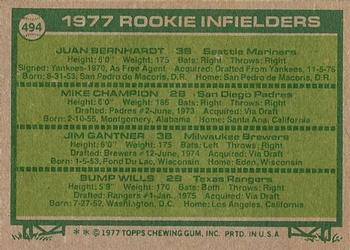 1977 Topps #494 1977 Rookie Infielders (Juan Bernhardt / Mike Champion / Jim Gantner / Bump Wills) Back