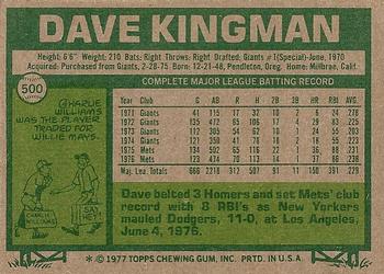 1977 Topps #500 Dave Kingman Back