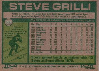 1977 Topps #506 Steve Grilli Back