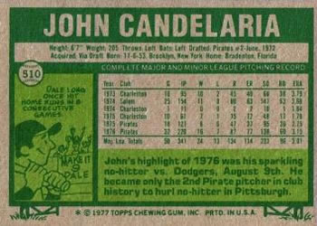 1977 Topps #510 John Candelaria Back