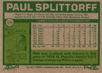 1977 Topps #534 Paul Splittorff Back