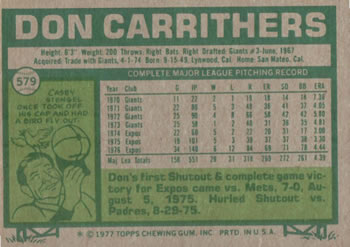 1977 Topps #579 Don Carrithers Back