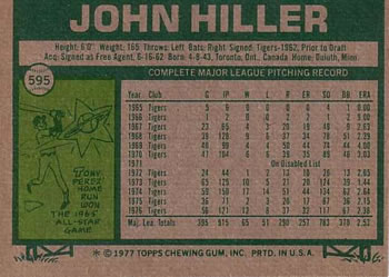 1977 Topps #595 John Hiller Back