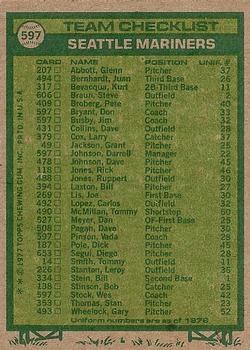 1977 Topps #597 Seattle Mariners / Darrell Johnson / Don Bryant / Jim Busby / Vada Pinson / Wes Stock Back