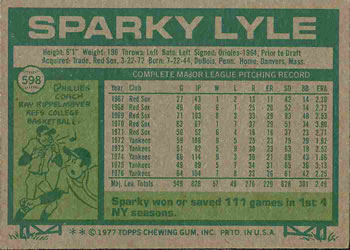 1977 Topps #598 Sparky Lyle Back