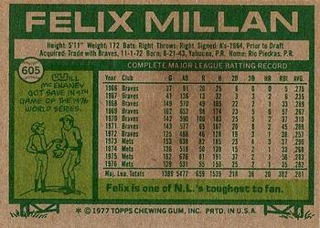 1977 Topps #605 Felix Millan Back