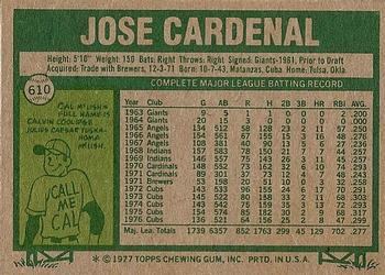 1977 Topps #610 Jose Cardenal Back