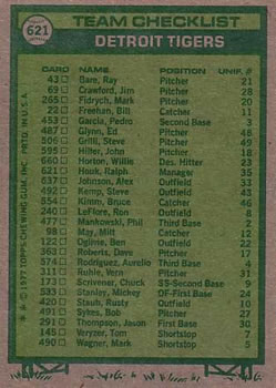 1977 Topps #621 Detroit Tigers / Ralph Houk Back
