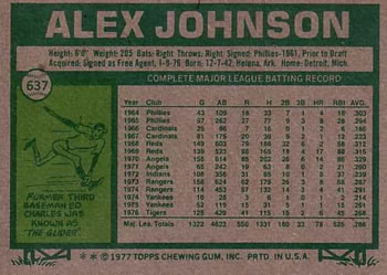 1977 Topps #637 Alex Johnson Back