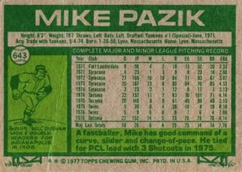 1977 Topps #643 Mike Pazik Back