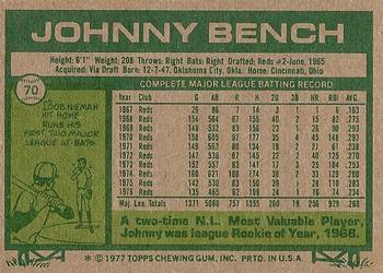 1977 Topps #70 Johnny Bench Back