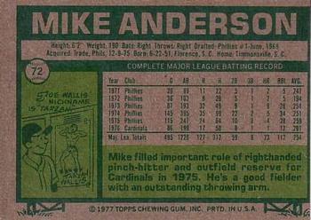 1977 Topps #72 Mike Anderson Back