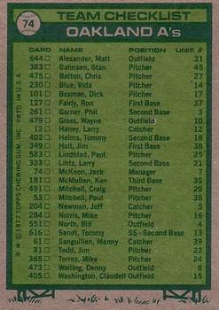 1977 Topps #74 Oakland A's / Jack McKeon Back