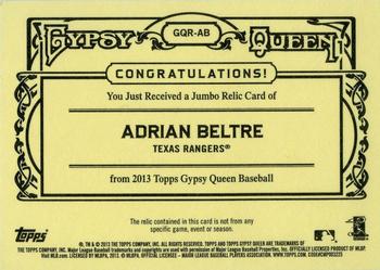 2013 Topps Gypsy Queen - Relics-Black Jumbo #GQR-AB Adrian Beltre Back