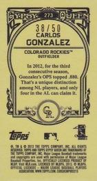2013 Topps Gypsy Queen - Mini Sepia #273 Carlos Gonzalez Back