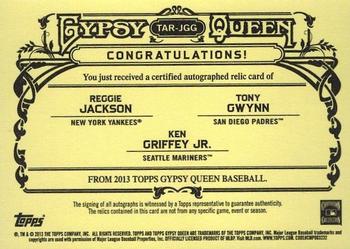 2013 Topps Gypsy Queen - Relic Autographs Triple #TAR-JGG Reggie Jackson / Tony Gwynn / Ken Griffey Jr. Back